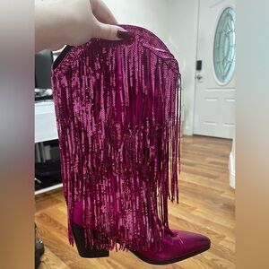 Fuchsia Metallic Fringe Sequin Ankle Boots – Western Glam Style